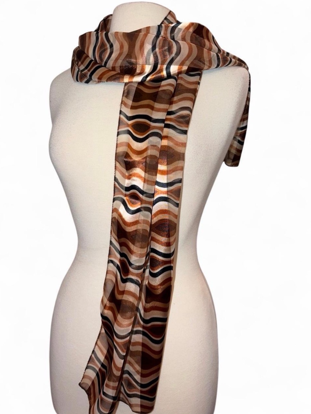 Wavy Stripe Lightweight Scarf in Brown & Cream
